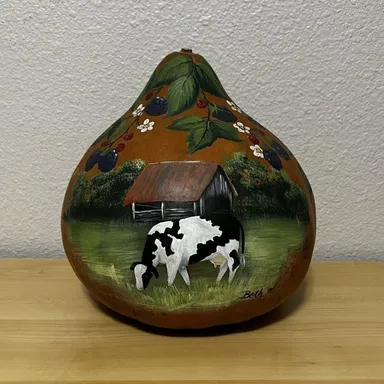 Hand Painted Gourd Farm Landscape Dairy Cow Large 9.5"x9" Berry Vines Signed '95