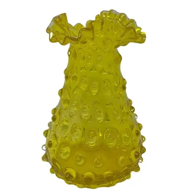 Hobnail Vase Canary Glass Fluted Ruffled Top Rim Vintage 60s 