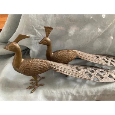 Vintage Mid Century Solid Brass Peacock Pair Male & Female 17” Long 7” Tall