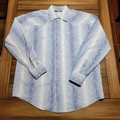 Stetson Western Pearl Snap LS Shirt LT Blue w/ Blue Design - Size Large