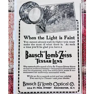 1914 Bausch Lomb Optical TESSAR Lens - Faint Light - Original Vtg PRINT AD 