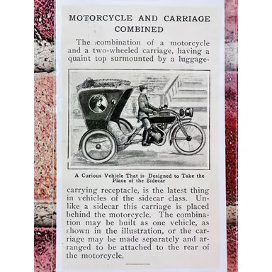 1914 Motorcycle and Carriage Combined - Original Antique Vtg PRINT ARTICLE