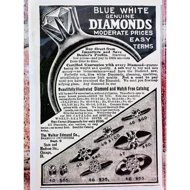 1914 Blue White Diamonds - Jewelry Rings - Original Antique Vtg PRINT AD 