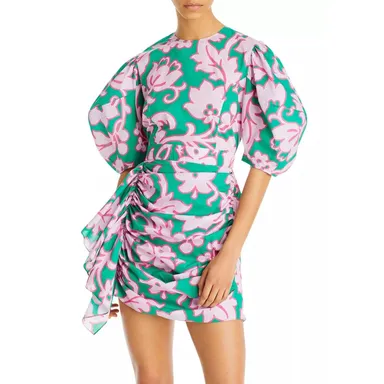 Rhode Pia Floral Ruched Green Puff Sleeve Mini Dress
