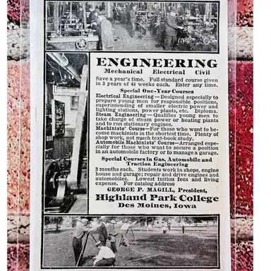 1914 Engineering - Highland Park College Iowa - Original Antique Vtg PRINT AD