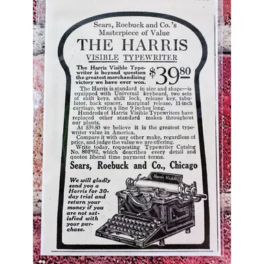 1914 The Harris Visible Typewriter $39.80 Sears - Original Antique Vtg PRINT AD 
