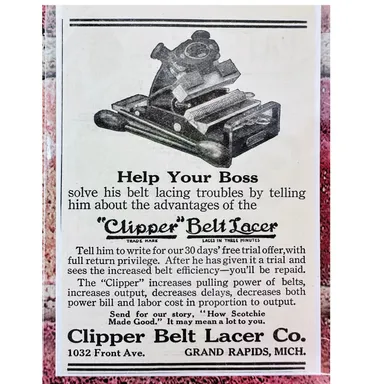1914 Clipper Belt Lacer - Grand Rapids Michigan - Original Antique Vtg PRINT AD 