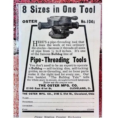 1914 Oster Mfg Co Pipe Threading Tools -  Original Antique Vtg PRINT AD 