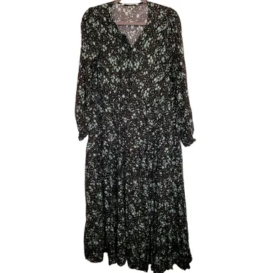 Zara black and green floral tiered long sleeved maxi dress