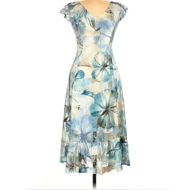 Komarov blue floral print crinkle satin vneck short sleeved midi dress
