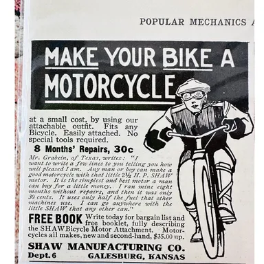 1914 Make Your Bike A Motorcycle - Shaw Mfg - Original Antique Vtg PRINT AD 