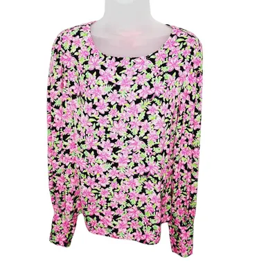 Lilly Pulitzer  Pink & Black  Floral Lambert Long Sleeve Top Size S