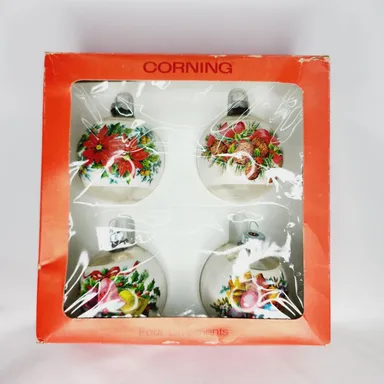Vintage Corning 4 Plastic Wrapped  Round Christmas Tree Ornaments Made in the USA