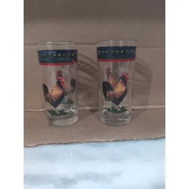Ella's Rooster Pattern Drinking Glasses Set of 2, Tumbler Glasses, Kitchen Decor