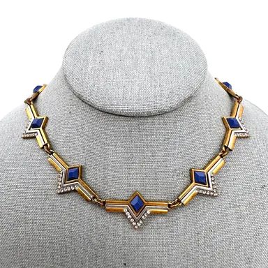 J Crew Art Deco Necklace Blue Clear Rhinestone with Mixed Metal Geometric 