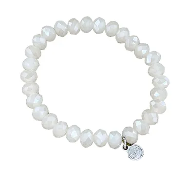 Lizas Stretch Bracelet Faceted Rondelle Crystal Beads Off White