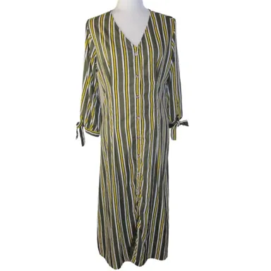 MPH Collection Shirt Dress M Green and Yellow Striped 3/4 Sleeve Midi Women 