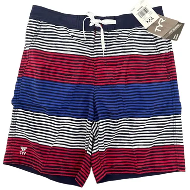 TYR Mens Jetty Stripe Apollo Swim Shorts Trunks Red White Blue Size MEDIUM - $50