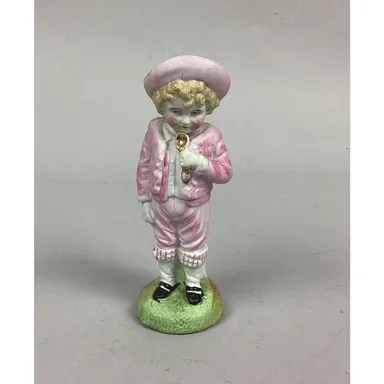 Antique Bisque Porcelain Hand Painted Boy In Pink Holding Spoon - 5.5”