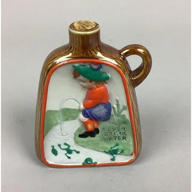 Vintage 3D Looking Ceramic Hip Flask ~ Never Drink Water ~ Frogs Boy Fish