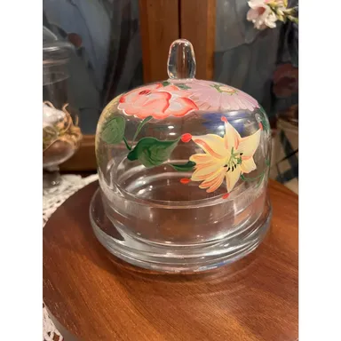 Glass Handpainted  Covered Cheese / Butter Dish