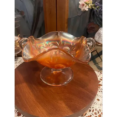 Dugan  Marigold Carnival Glass Ruffled Edge Candy Bowl with Handles