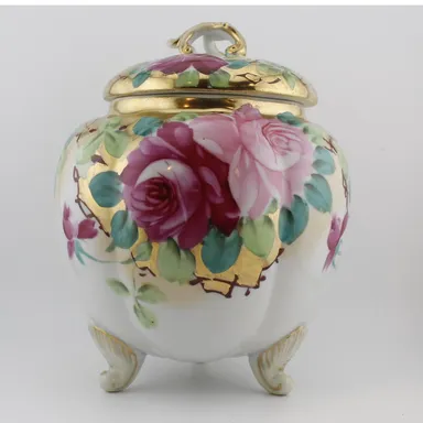 Antique Nippon Porcelain Hand Painted Footed Floral Biscuit Jar