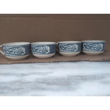 Currier and Ives Blue Horse Buggy Coffee Tea Cups Set, Vintage Cups, Set of 4
