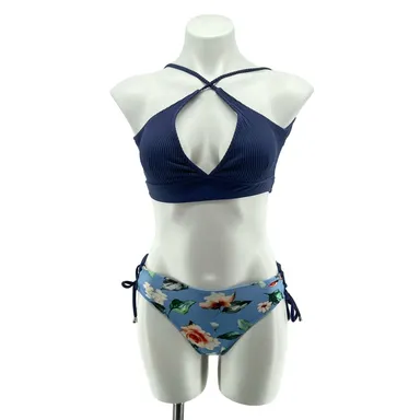 Cupshe Women’s Blue Floral Two-Piece Ribbed Top & Tie Bottom Bikini Swim Set Medium 