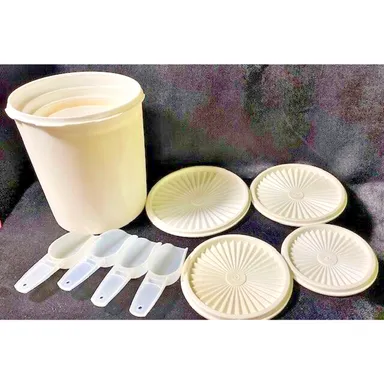 Vintage TUPPERWARE Canisters White Nesting - set of 4 with Lids and scoops