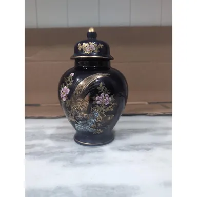 Dark Blue Japan Porcelain Ginger Jar with Bird Design Gold Trim, Vintage Asian