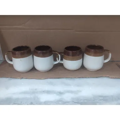Brown and White Ceramic Stoneware Coffee Mugs, Set of 3, Vintage Collectible
