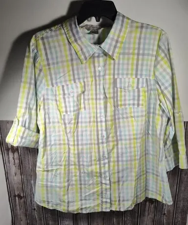Christopher  & Banks Shirt Women's Large Blue Lime Gray White Plaid Button Up