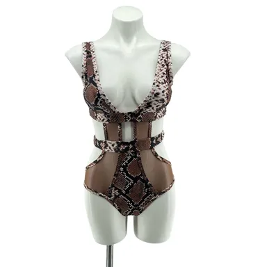 Matte Collection Women’s Brown Snakeskin Mesh Cutout One-Piece Swimsuit Small