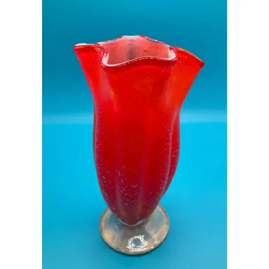 Vintage Artglass Vase 6.5" - Red w/ Silver Glitter & Ruffled Edge 