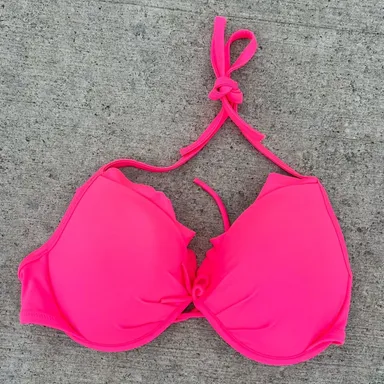 Victoria’s Secret 34DD Hot Pink Ruffle Pushup Halter Bikini Top Swim