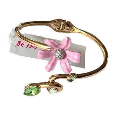 Betsey Johnson Flower and Jewel Bangle Bracelet Pink Gold Tone Green