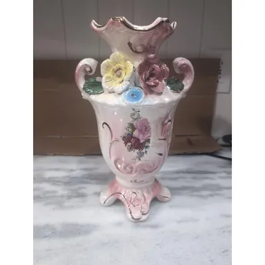 Tall Lustre Vase with Hand Painted Flowers, 13" Decorative Vase, Home Decor