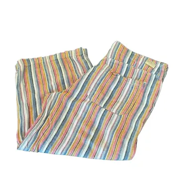 Seven7 Linen Blend Pants Womens 12 Cropped Wide Leg Stripe Boho Palazzo Cottage