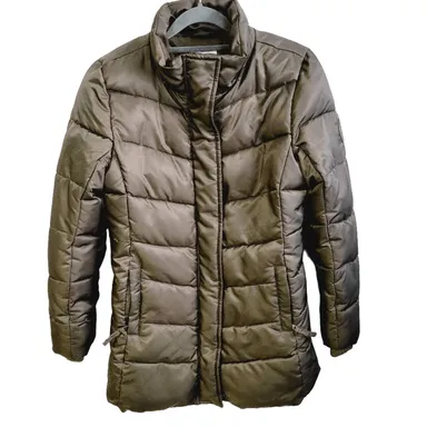 H&M Girls 12-13 Longline Quilted Puffer Jacket Dark Olive Green Winter Ski Coat