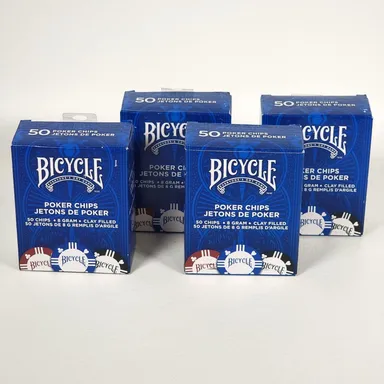4 Pack Bicycle Clay Filled Poker Chips 8 Gram 50 Count Blue Red Black New Sealed