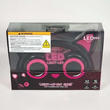 LeDeez Light-Up Cat Ears LED Headphones with Mic AUX Compatible Pink Brand New
