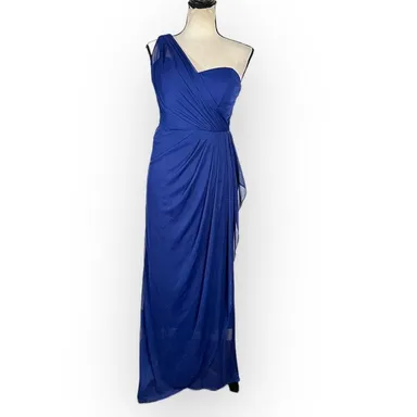 XSCAPE One Shoulder Dress Women's 10 Blue Maxi Chiffon Ruched Sweetheart Neck