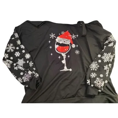 Holiday Christmas red wine cheer Snowflake black white long sleeve shirt comfort