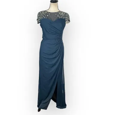 Alex Evenings Maxi Gown Women's 6 Blue Sweetheart Illusion Neck Short Sleeve