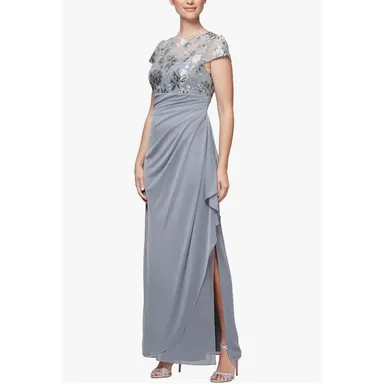 Alex Evenings Maxi Gown Women's 6 Gray Empire Waist Lace Ruched Short Sleeve
