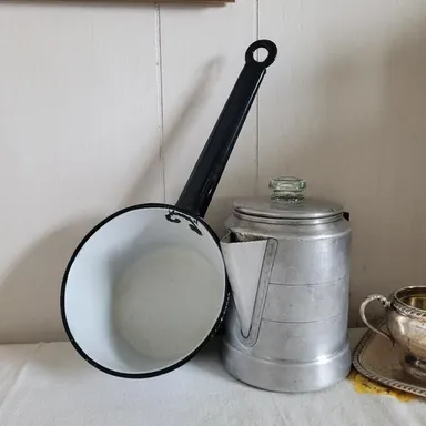 Vintage Enamel White and Black Pot Ladle