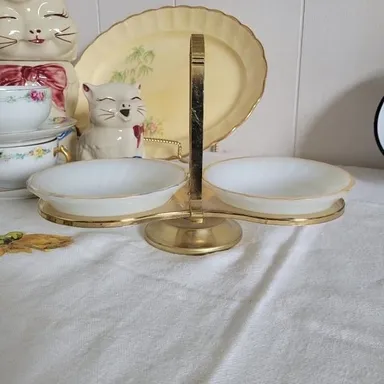 Anchor Hocking Suburbia Bowl Dish Swirl Gold Rim Milk Glass With Metal Holder