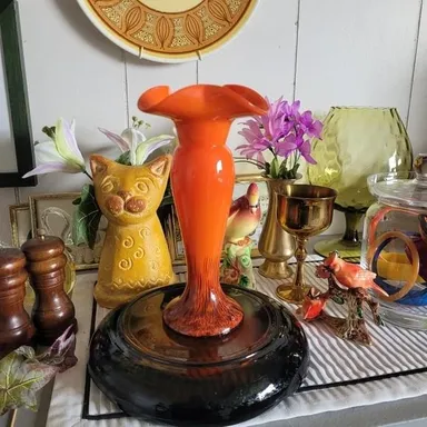 Vintage Art Glass Vase Orange and Black Scalloped Edge Hand Blowen