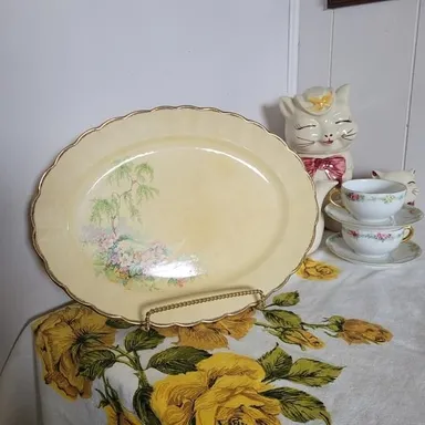 Vintage Oval Plate Platter Floral Gold Crazing